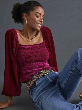 Anthropologie Velvet Smocked Crop Top S Magenta Fuchsia Puff Sleeve Cottagecore